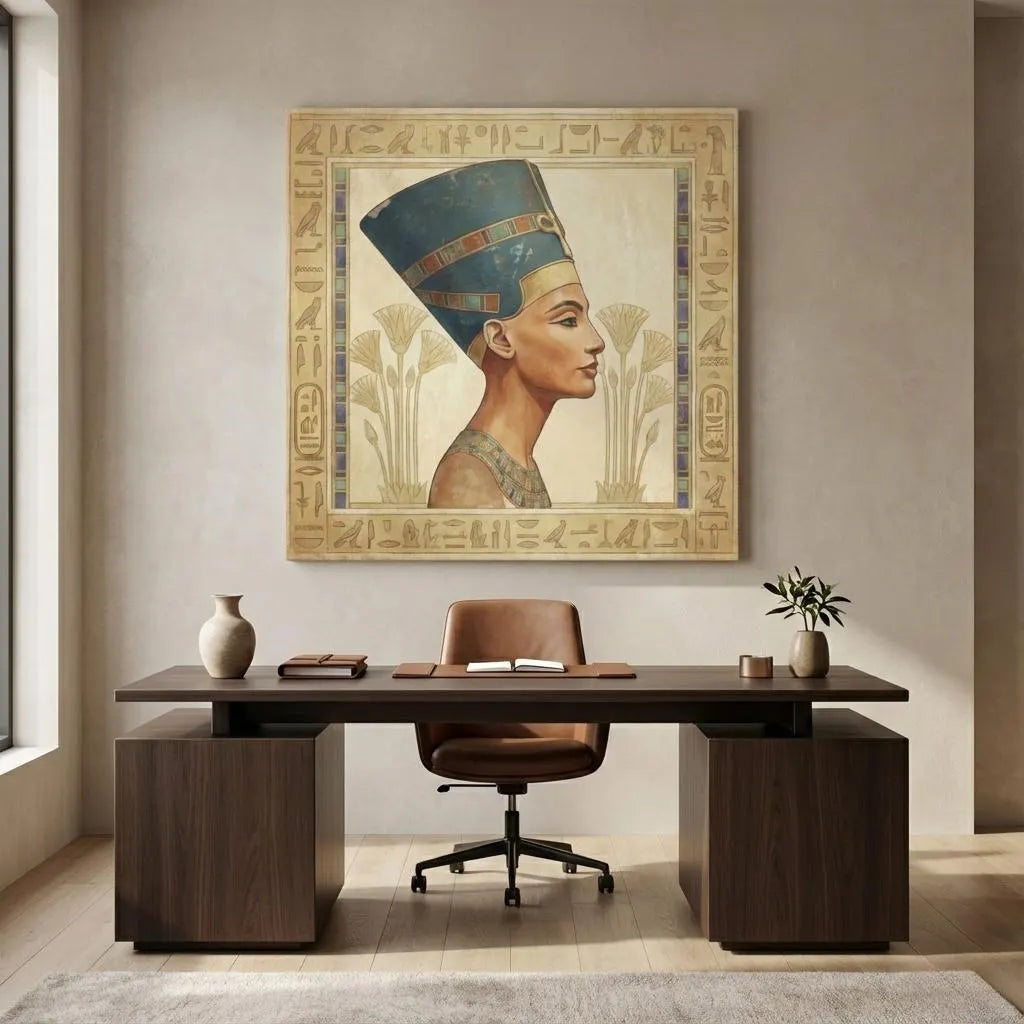 Egyptian queen Nefertiti canvas above queen bed in feminine bedroom interior design