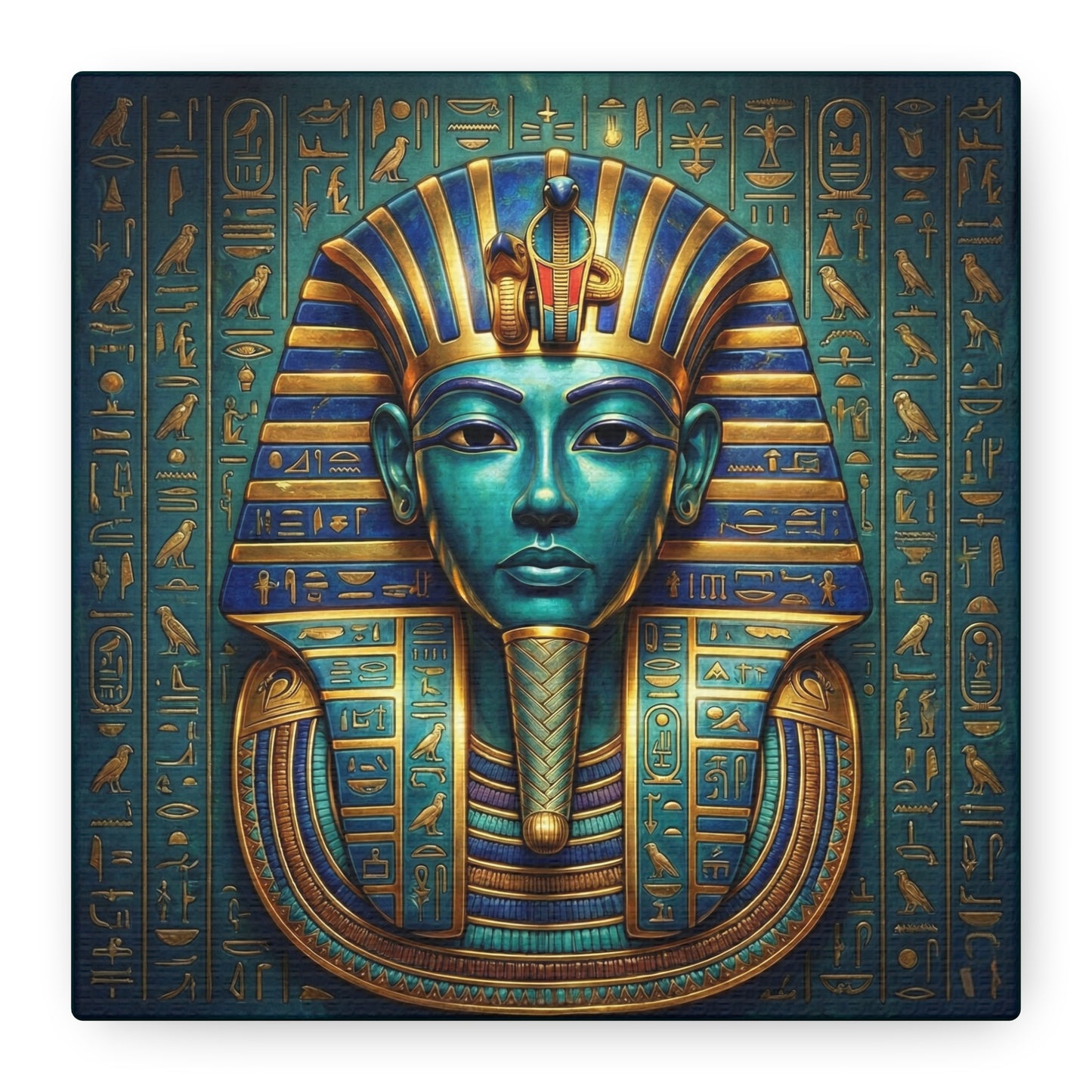 Egyptian pharaoh mask canvas behind oak desk in masculine home office — royal power decor