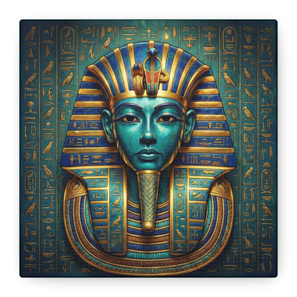 Egyptian pharaoh mask canvas behind oak desk in masculine home office — royal power decor