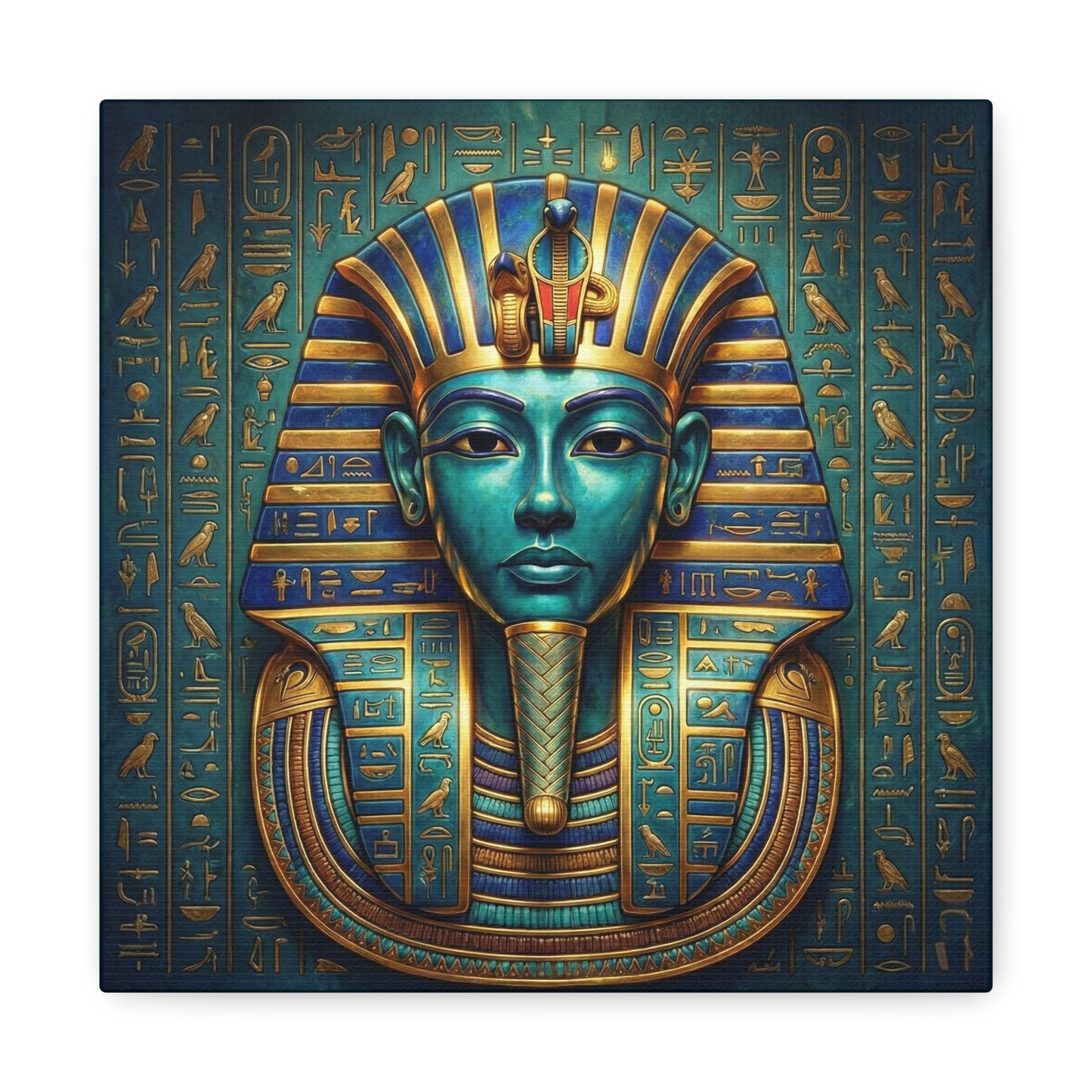 Royal pharaoh mask canvas in masculine bedroom above mid century modern dresser