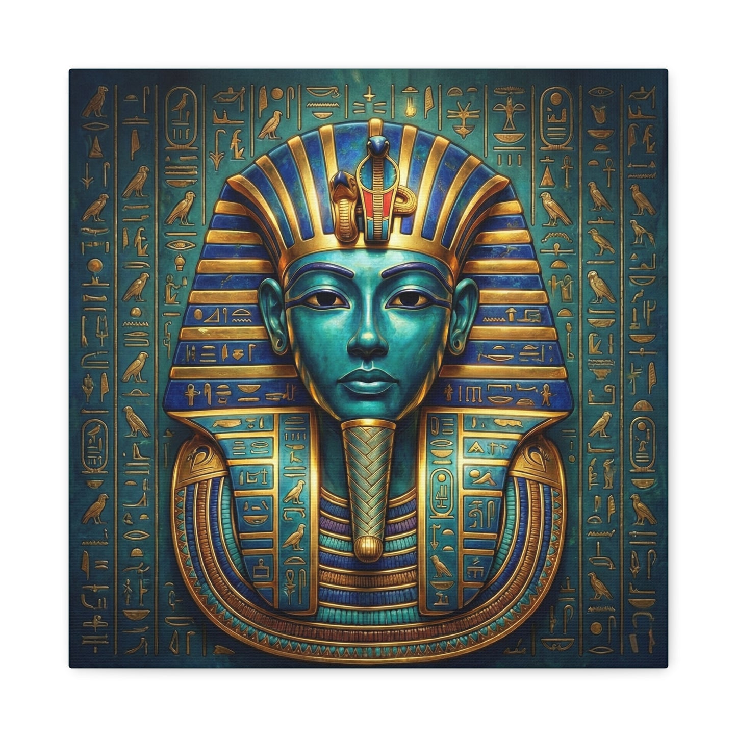 Pharaoh mask Egyptian canvas in modern entryway with brass console — statement luxury decor