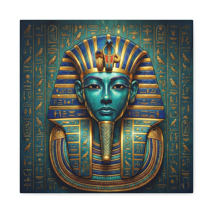 Pharaoh mask Egyptian canvas in modern entryway with brass console — statement luxury decor