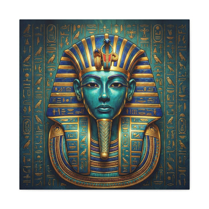 Egyptian pharaoh mask canvas in dining room with brass pendant and luxe Egyptian decor