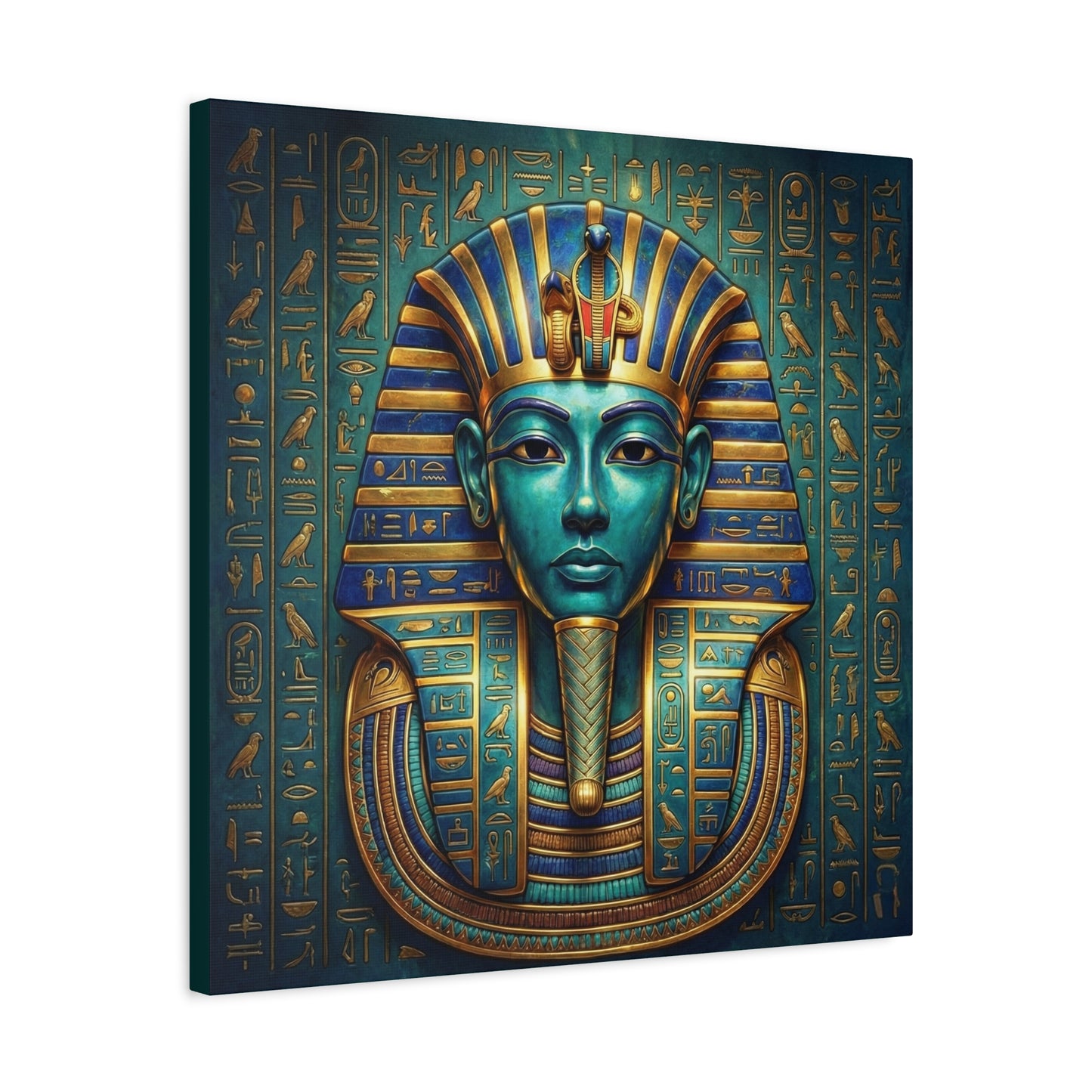 Royal pharaoh mask canvas in modern study with leather chair and brass accents
