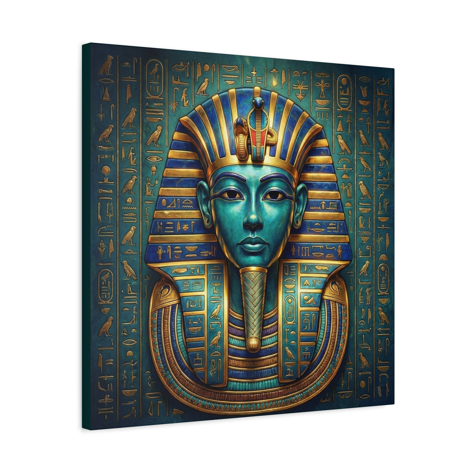 Royal pharaoh mask canvas in modern study with leather chair and brass accents