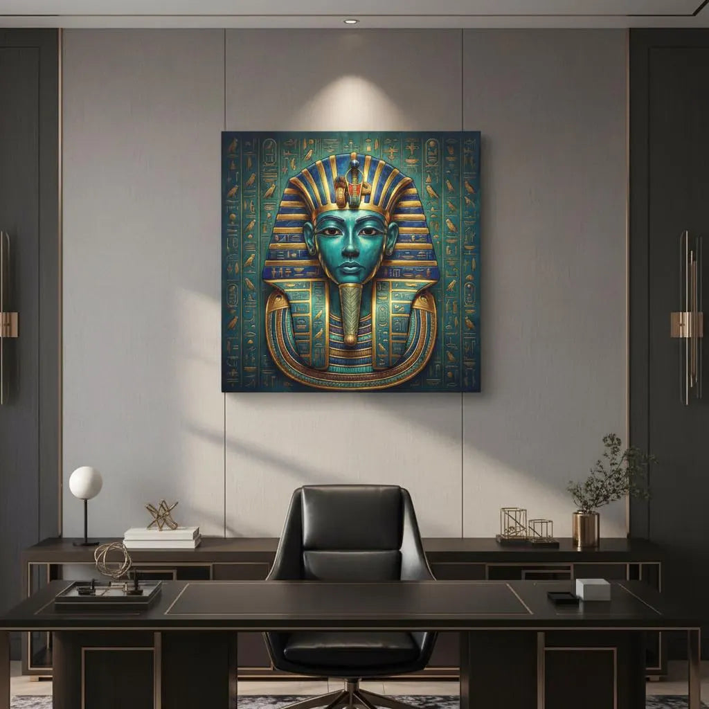 Egyptian pharaoh authority canvas above leather sofa in masculine living room with walnut decor