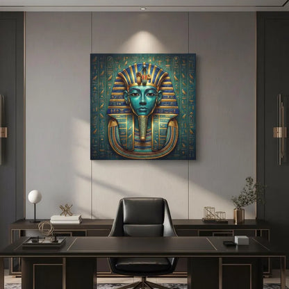 Egyptian pharaoh authority canvas above leather sofa in masculine living room with walnut decor