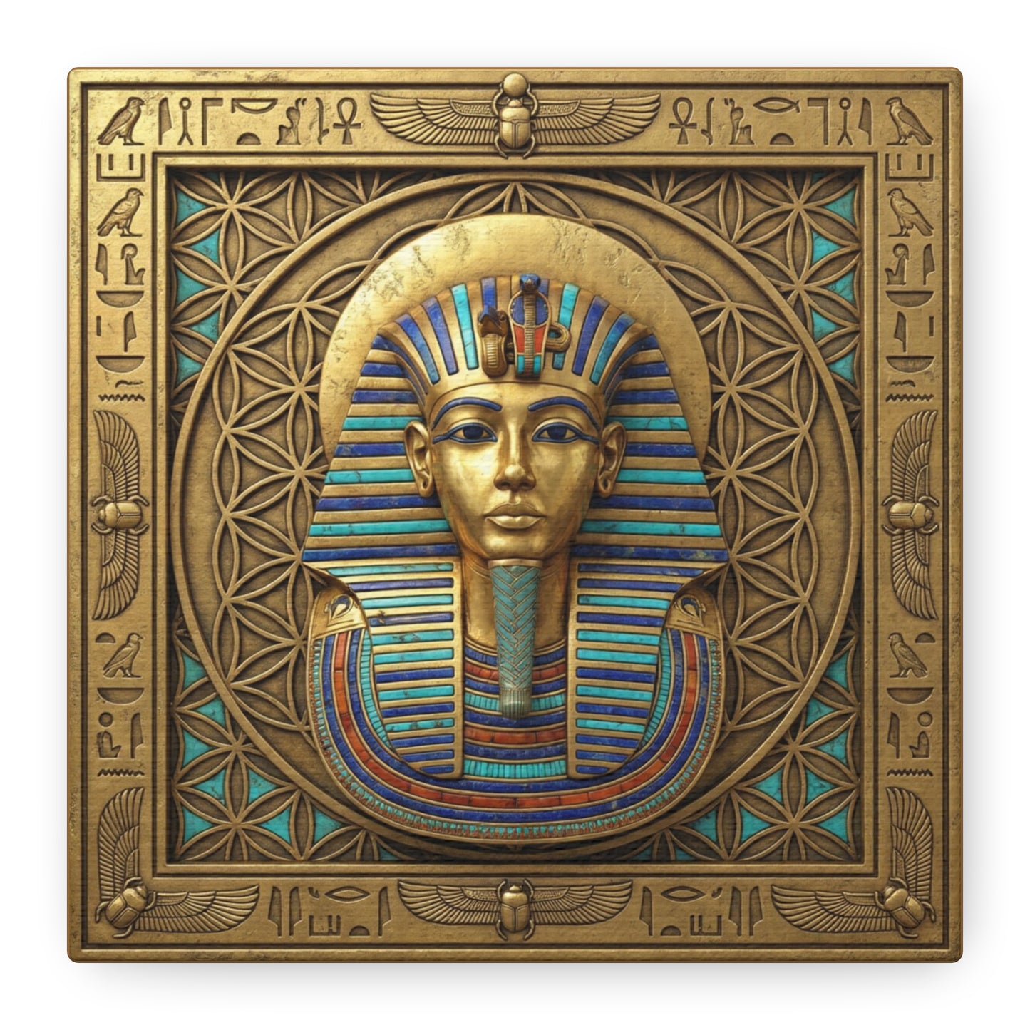 Egyptian pharaoh solar crown canvas behind executive desk in masculine leadership office