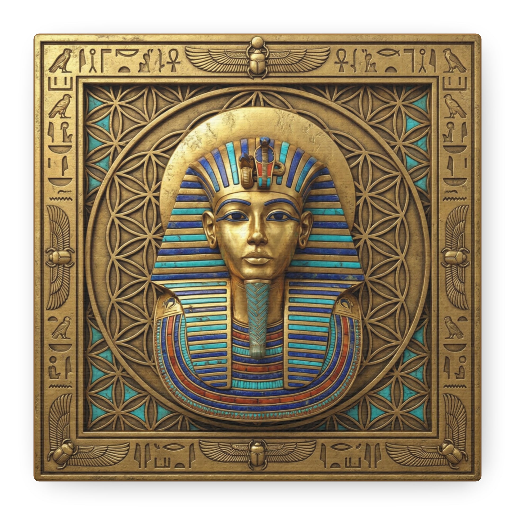 Egyptian pharaoh solar crown canvas behind executive desk in masculine leadership office