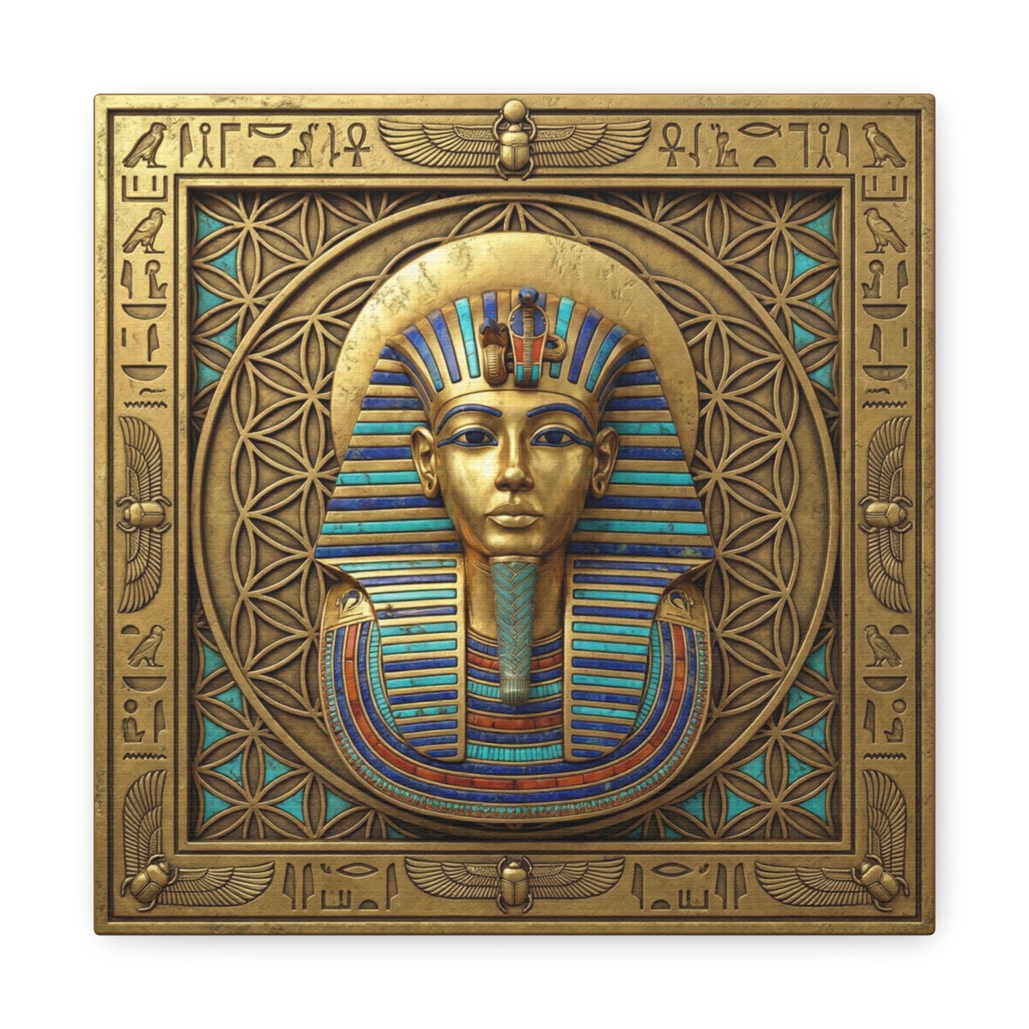 Solar pharaoh Egyptian canvas in modern study with leather chair and brass accents