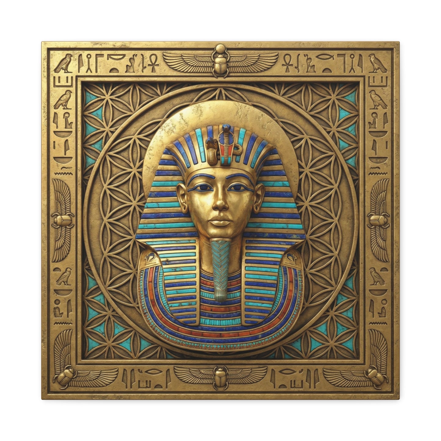 Close-up matte canvas texture and gold ink detail on pharaoh solar crown Egyptian print