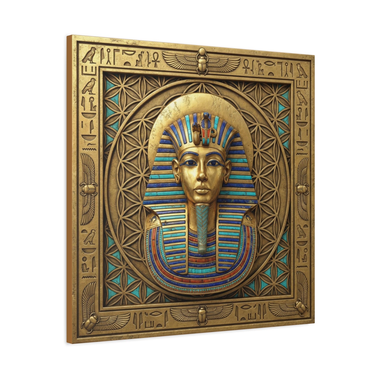 Solar crown pharaoh canvas as gallery wall centerpiece with Eye of Ra and Aten Sun triptych