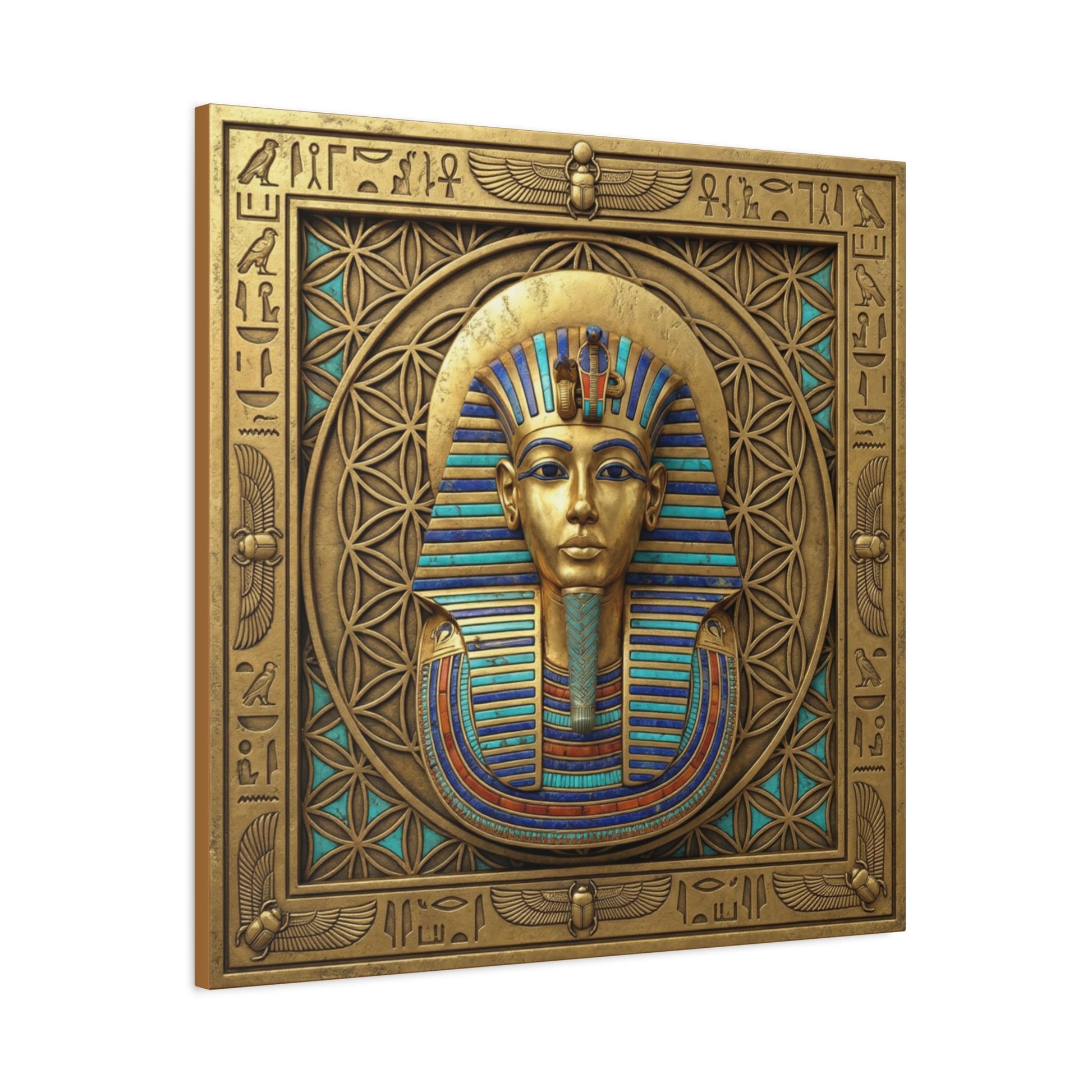 Pharaoh solar crown canvas in dining room with brass pendant — luxury Egyptian leadership decor