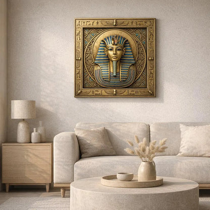 Pharaoh mask solar crown Egyptian canvas — sacred sun power leadership wall art for office