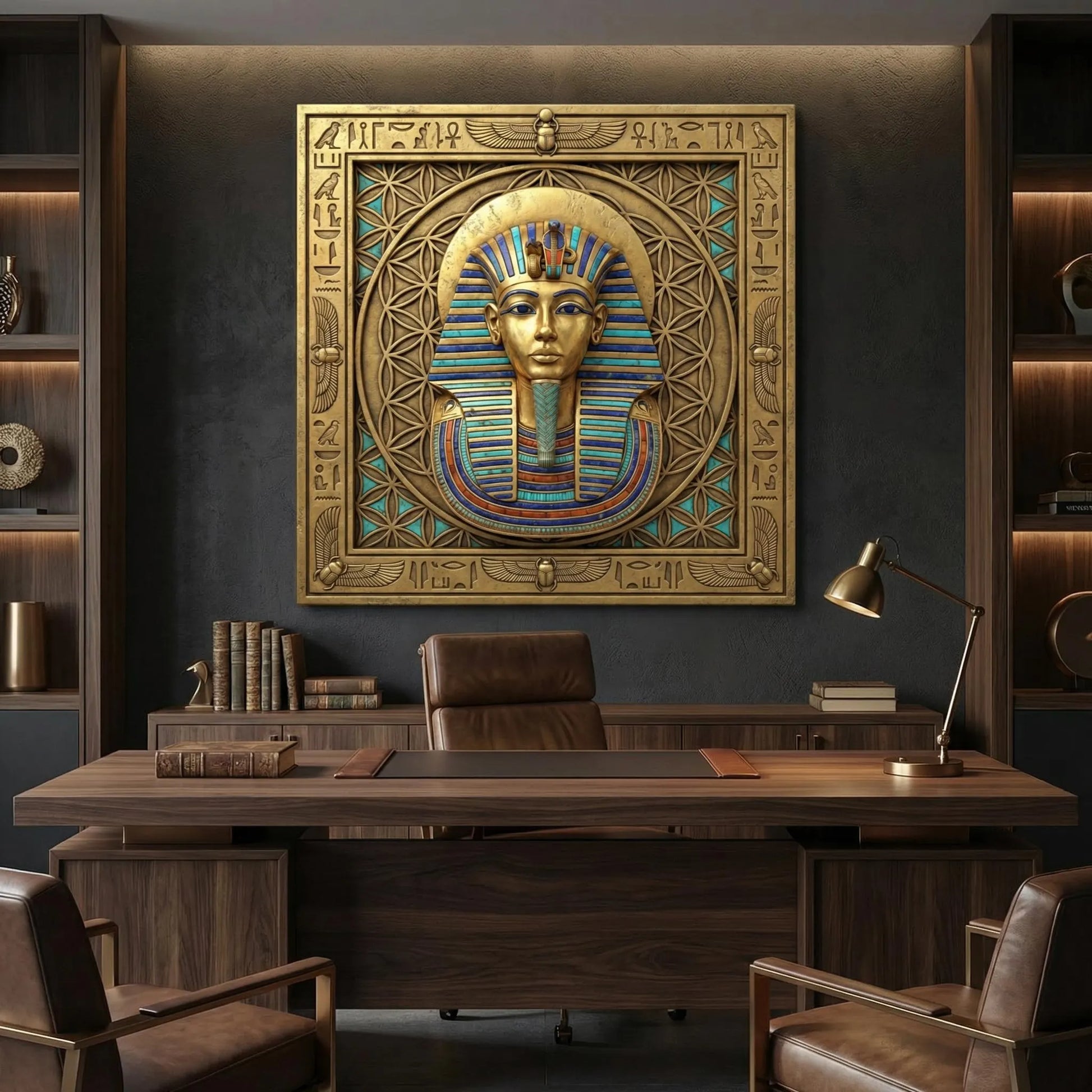 Pharaoh solar crown canvas in leadership corner with mid century desk and lamp