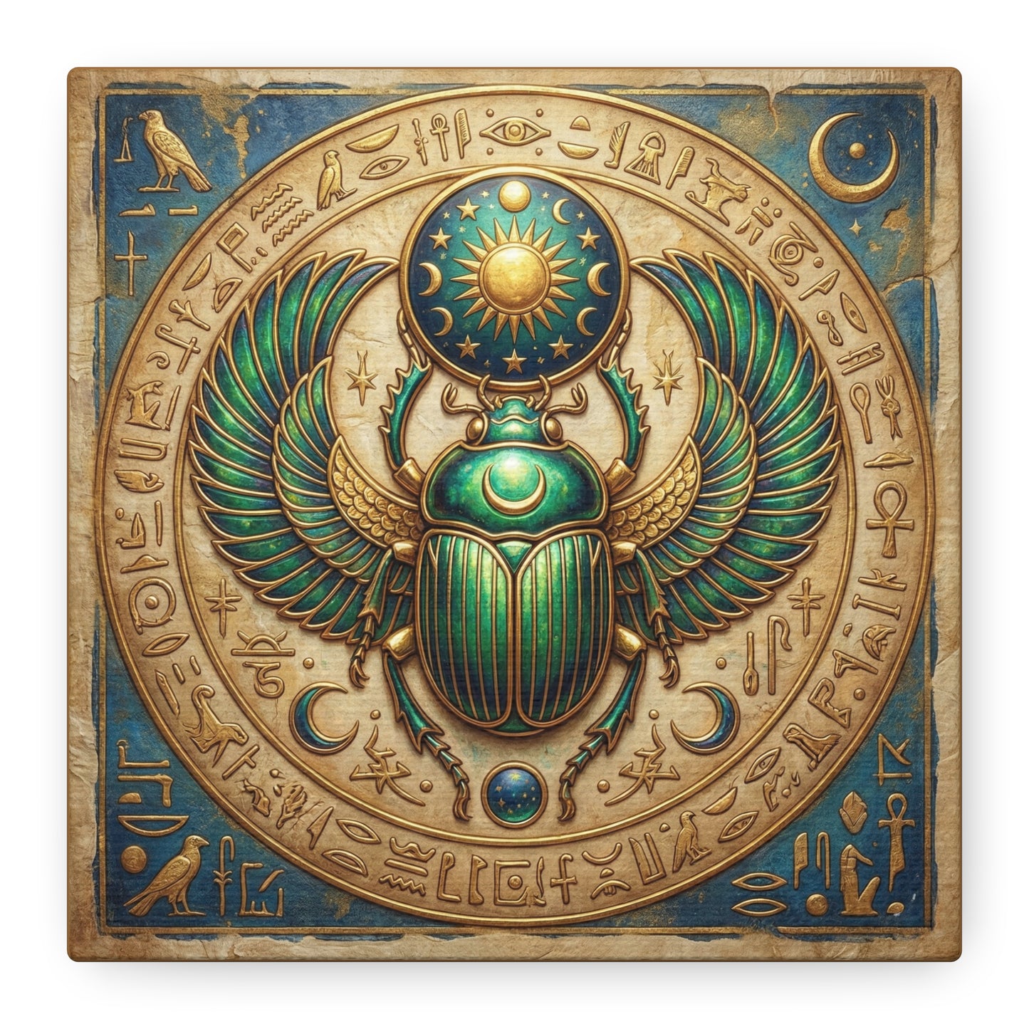 Egyptian sacred scarab canvas above queen bed in calming spiritual bedroom interior