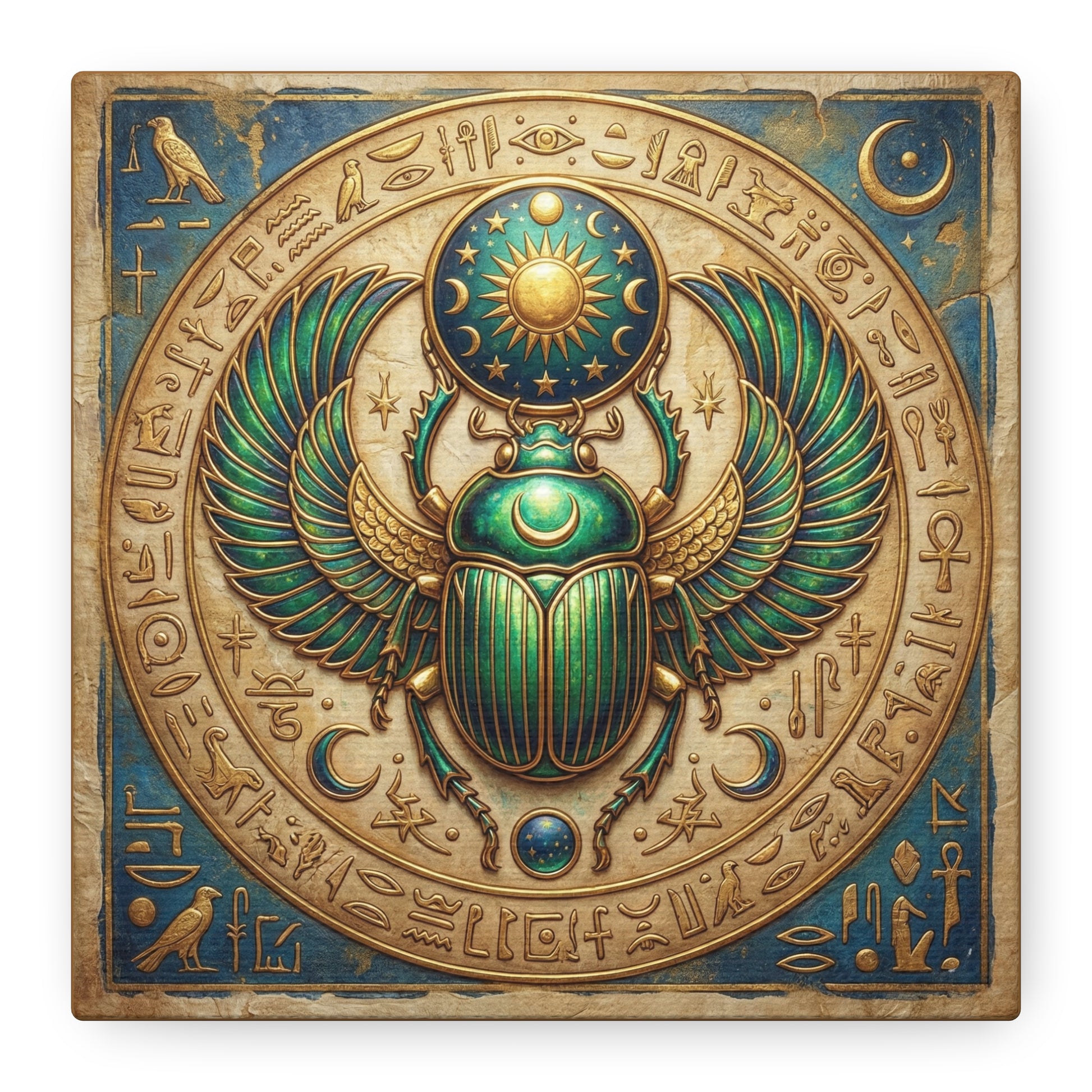 Egyptian sacred scarab canvas above queen bed in calming spiritual bedroom interior