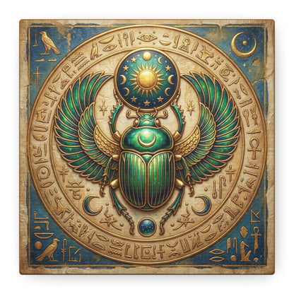 Egyptian sacred scarab canvas above queen bed in calming spiritual bedroom interior