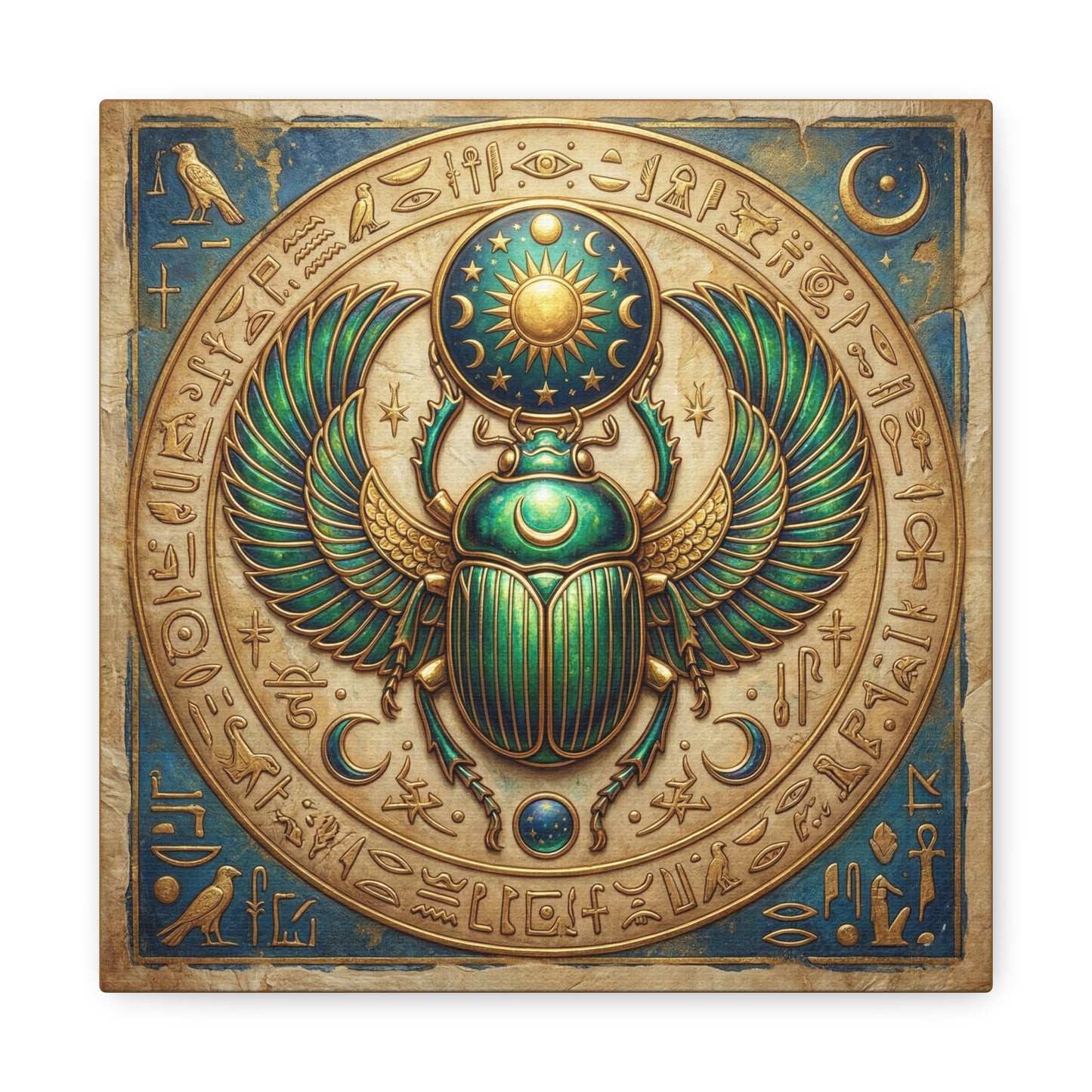 Sacred Egyptian scarab canvas as gallery wall centerpiece with Eye of Horus and Ankh trinity set
