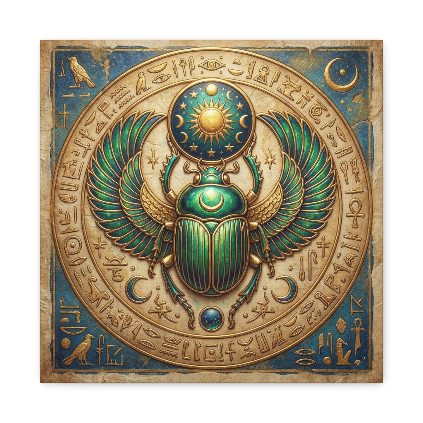 Scarab protection Egyptian canvas in modern study with oak desk and brass accents