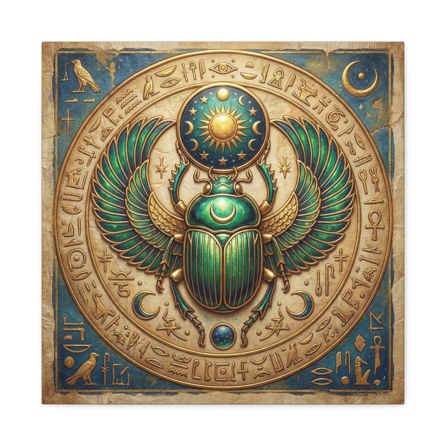 Close-up matte canvas texture detail on Egyptian sacred scarab protection print