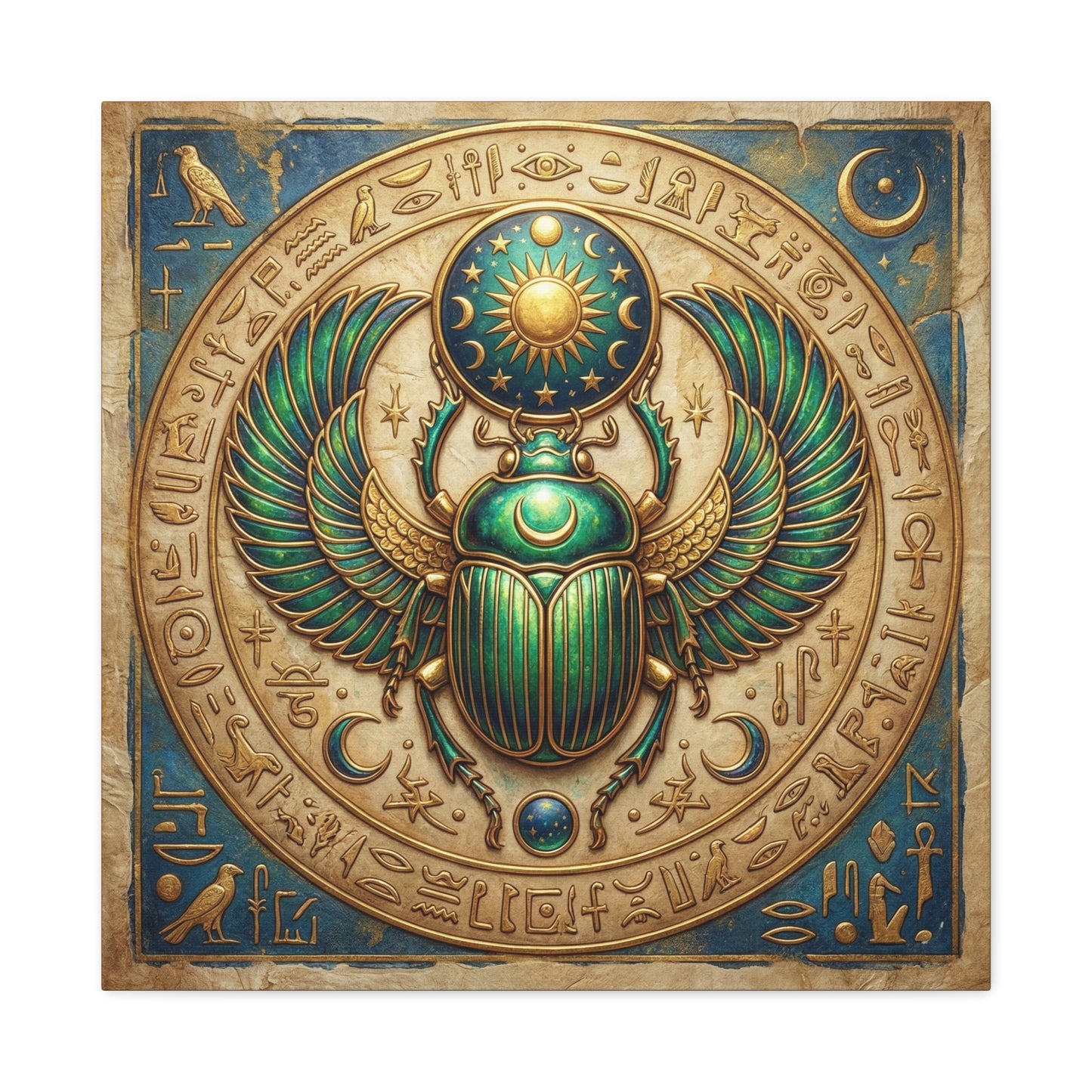 Sacred scarab Egyptian canvas above mid century modern dresser in spiritual bedroom