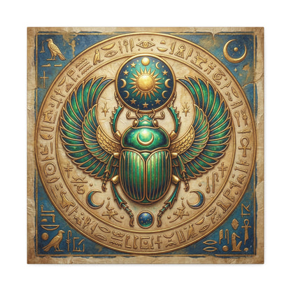 Sacred scarab Egyptian canvas above mid century modern dresser in spiritual bedroom