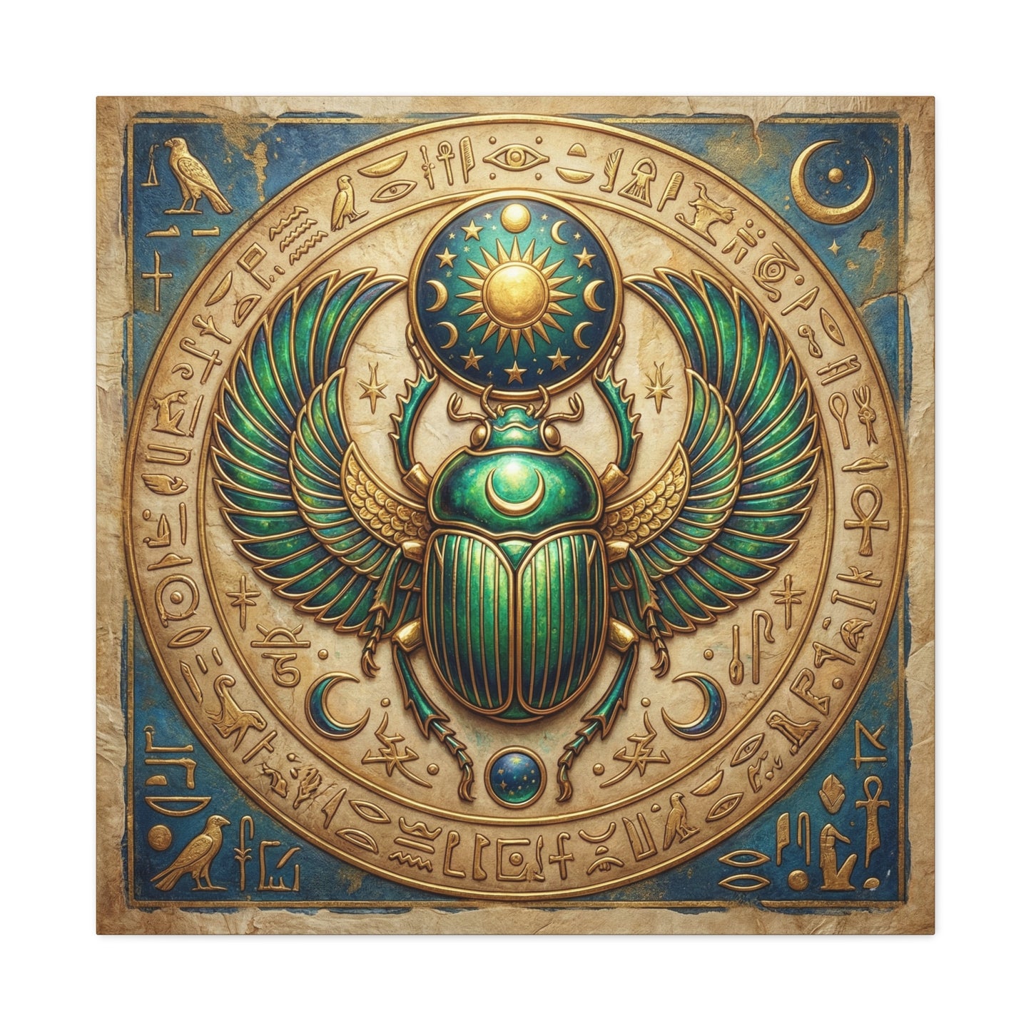 Egyptian scarab protection canvas in modern living room above linen sofa with boho decor