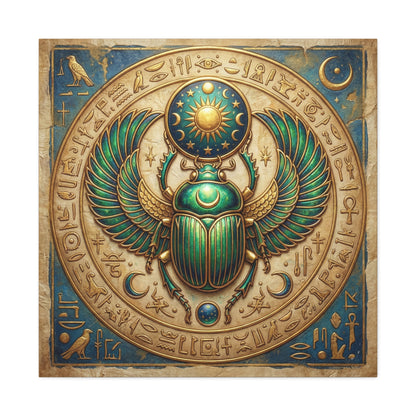 Egyptian scarab protection canvas in modern living room above linen sofa with boho decor