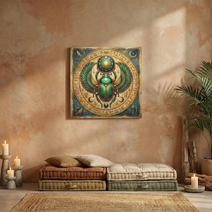 Egyptian scarab amulet canvas in modern entryway above brass console — protection decor