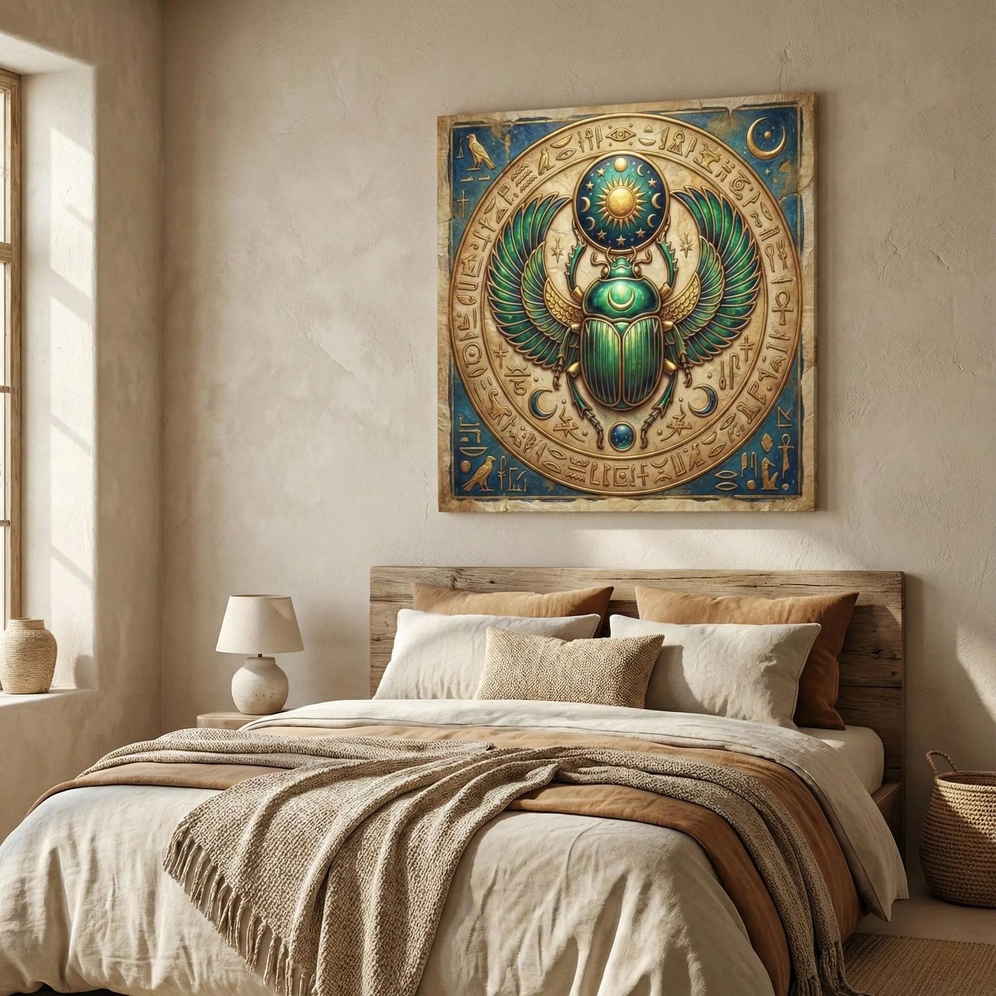 Sacred scarab Egyptian canvas — protection and renewal luxury wall art for above bed and entryway