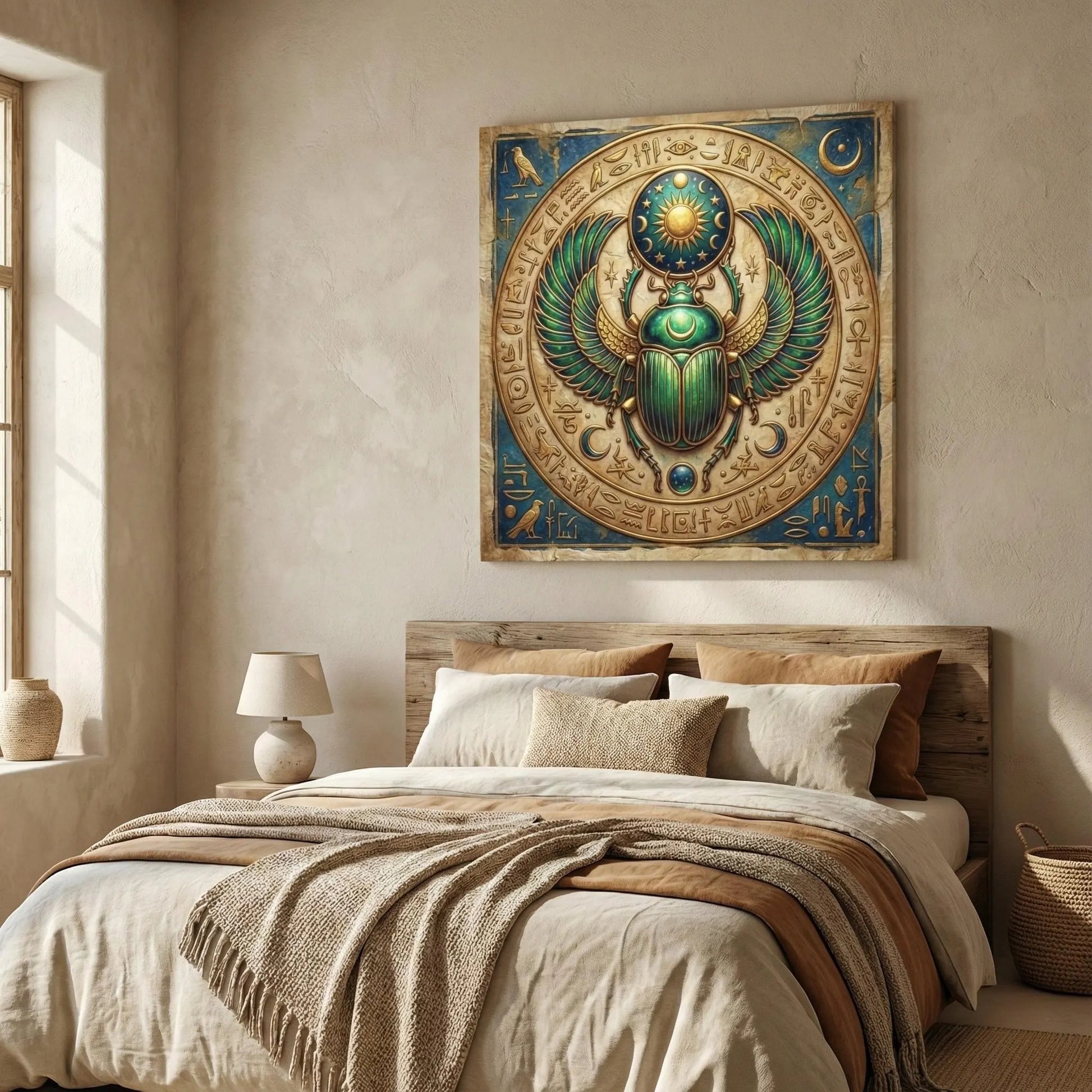 Sacred scarab Egyptian canvas — protection and renewal luxury wall art for above bed and entryway
