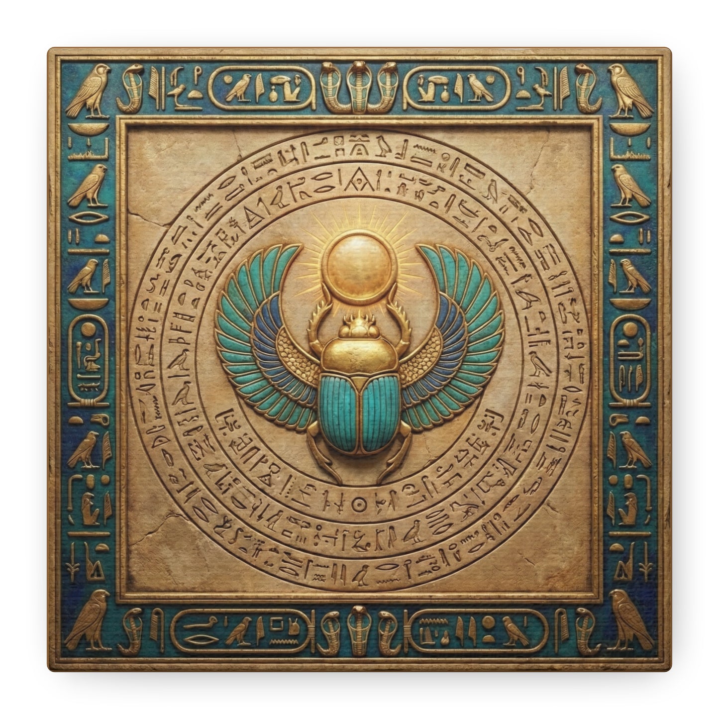 Egyptian scarab sun gateway canvas above sacred altar with candles and crystals