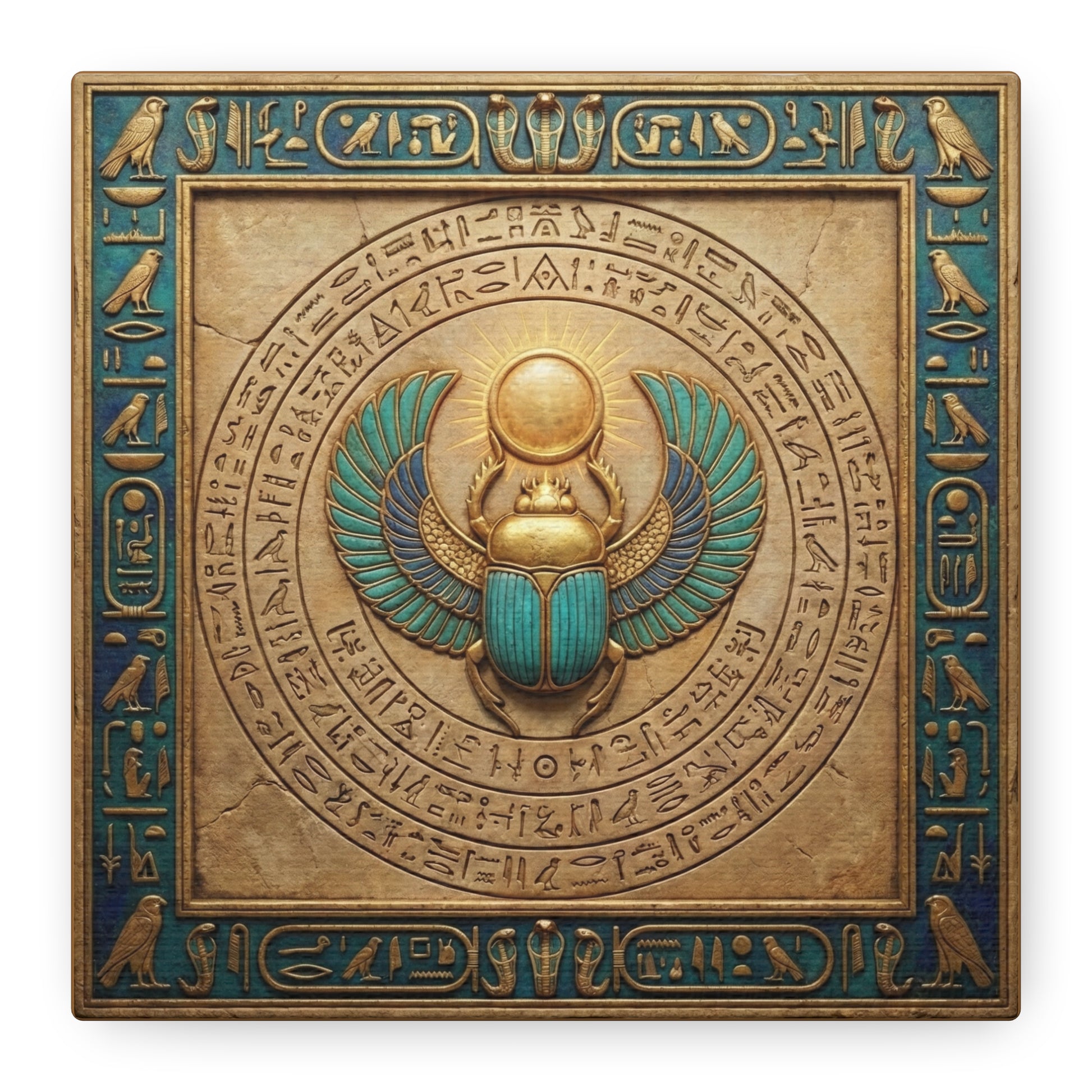 Egyptian scarab sun gateway canvas above sacred altar with candles and crystals