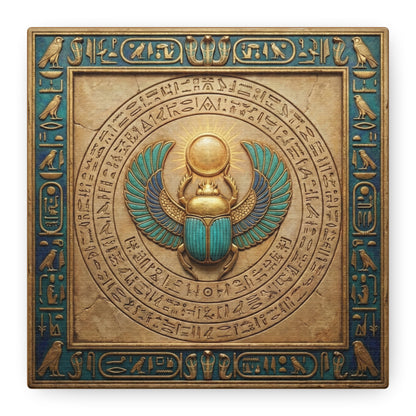 Egyptian scarab sun gateway canvas above sacred altar with candles and crystals