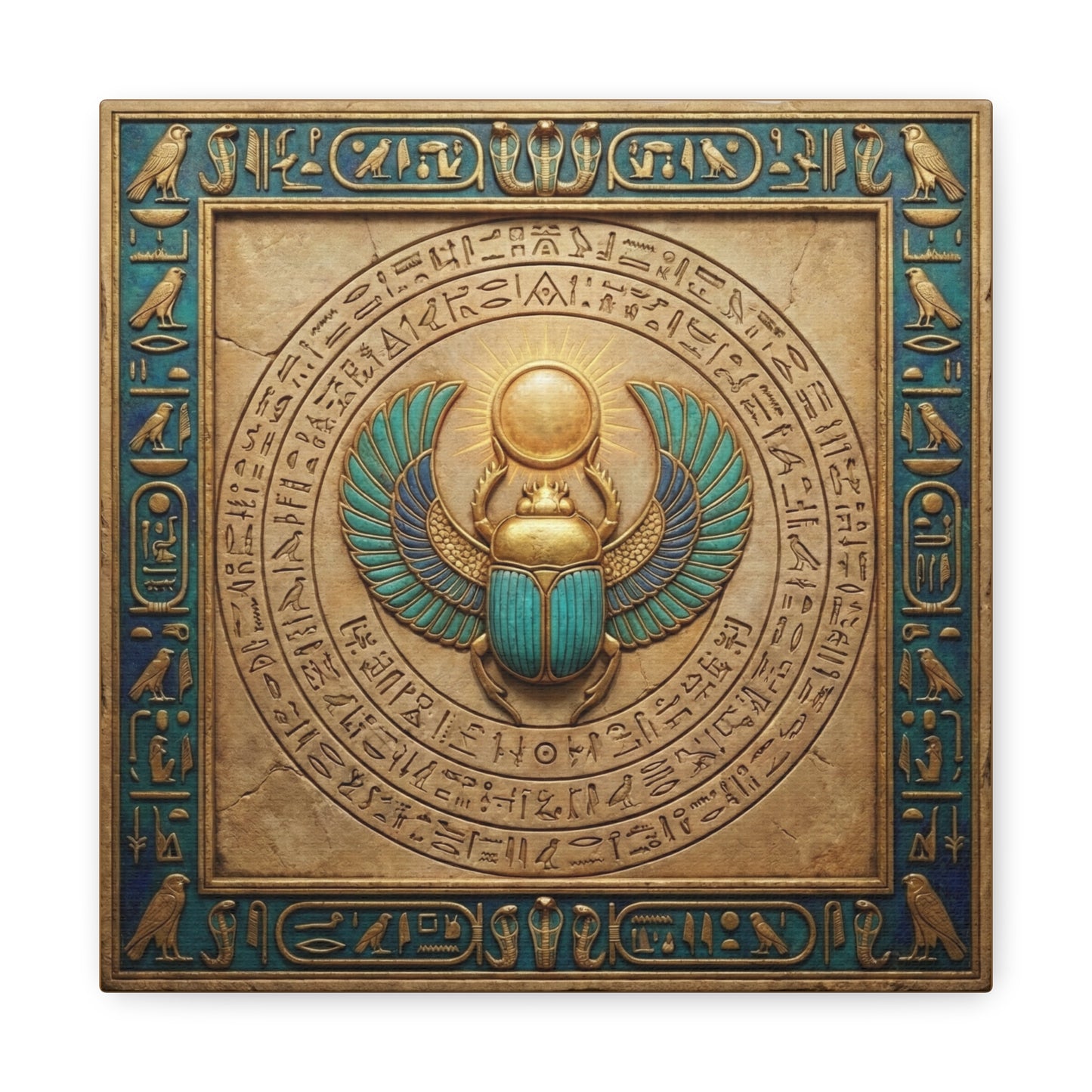 Scarab sun rebirth canvas in meditation corner with linen pillows and warm spiritual decor