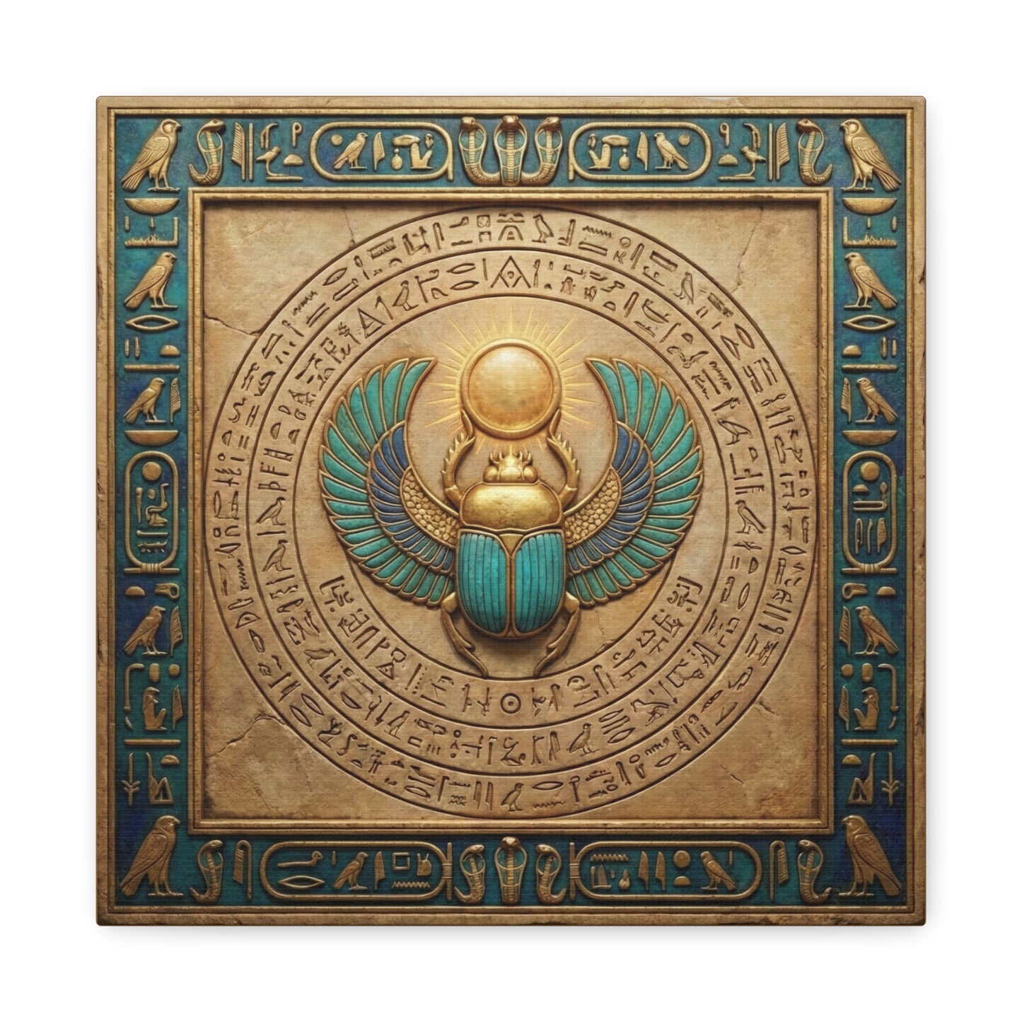 Egyptian scarab sun gateway canvas above yoga mat in dedicated yoga studio