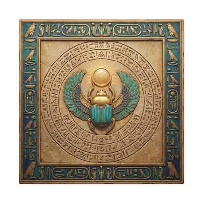 Scarab sun rebirth Egyptian canvas in modern living room above linen sofa with boho decor