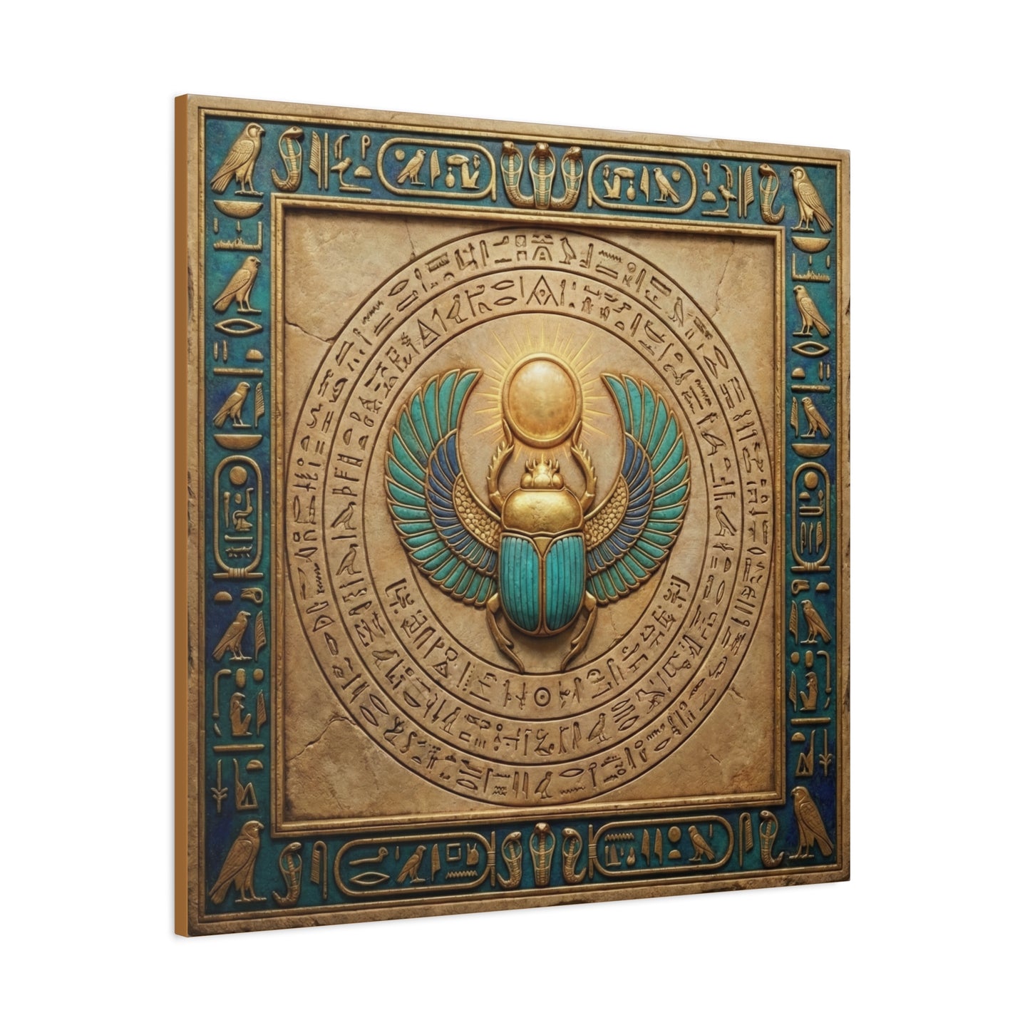 Sacred geometry scarab gateway canvas in modern study with oak desk and mid century lamp