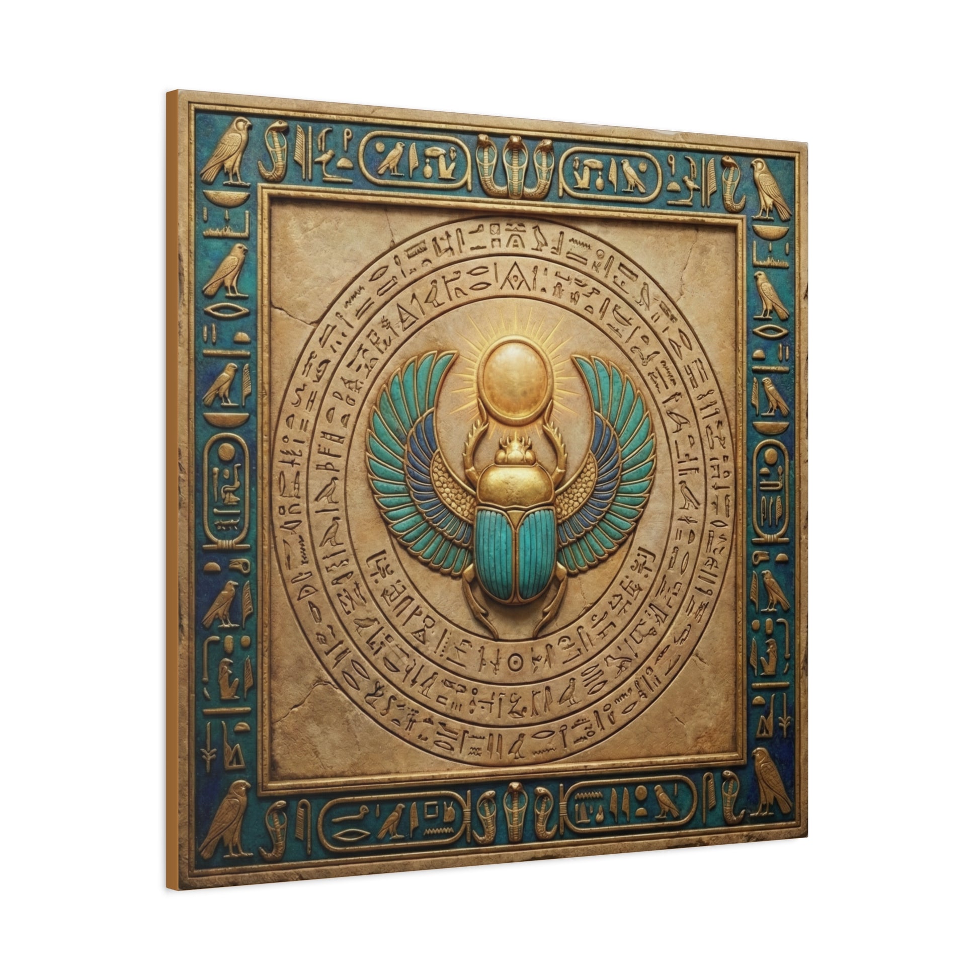 Sacred geometry scarab gateway canvas in modern study with oak desk and mid century lamp