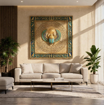 Scarab sun gateway Egyptian canvas — rebirth and protection sacred wall art for meditation room