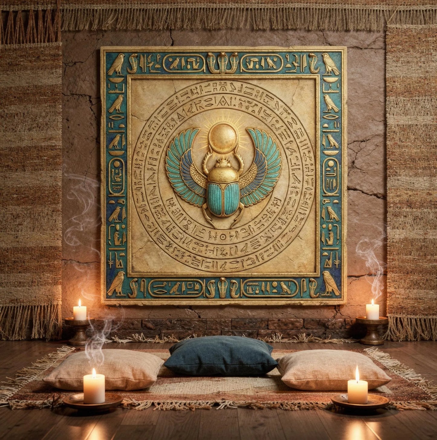 Scarab sun gateway canvas in modern entryway above brass console — protection decor