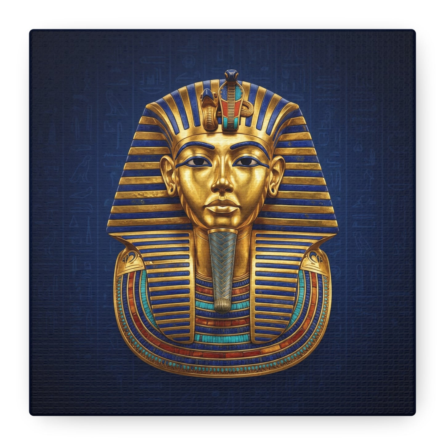 King Tut mask canvas styled above modern sofa as luxury Egyptian statement wall art