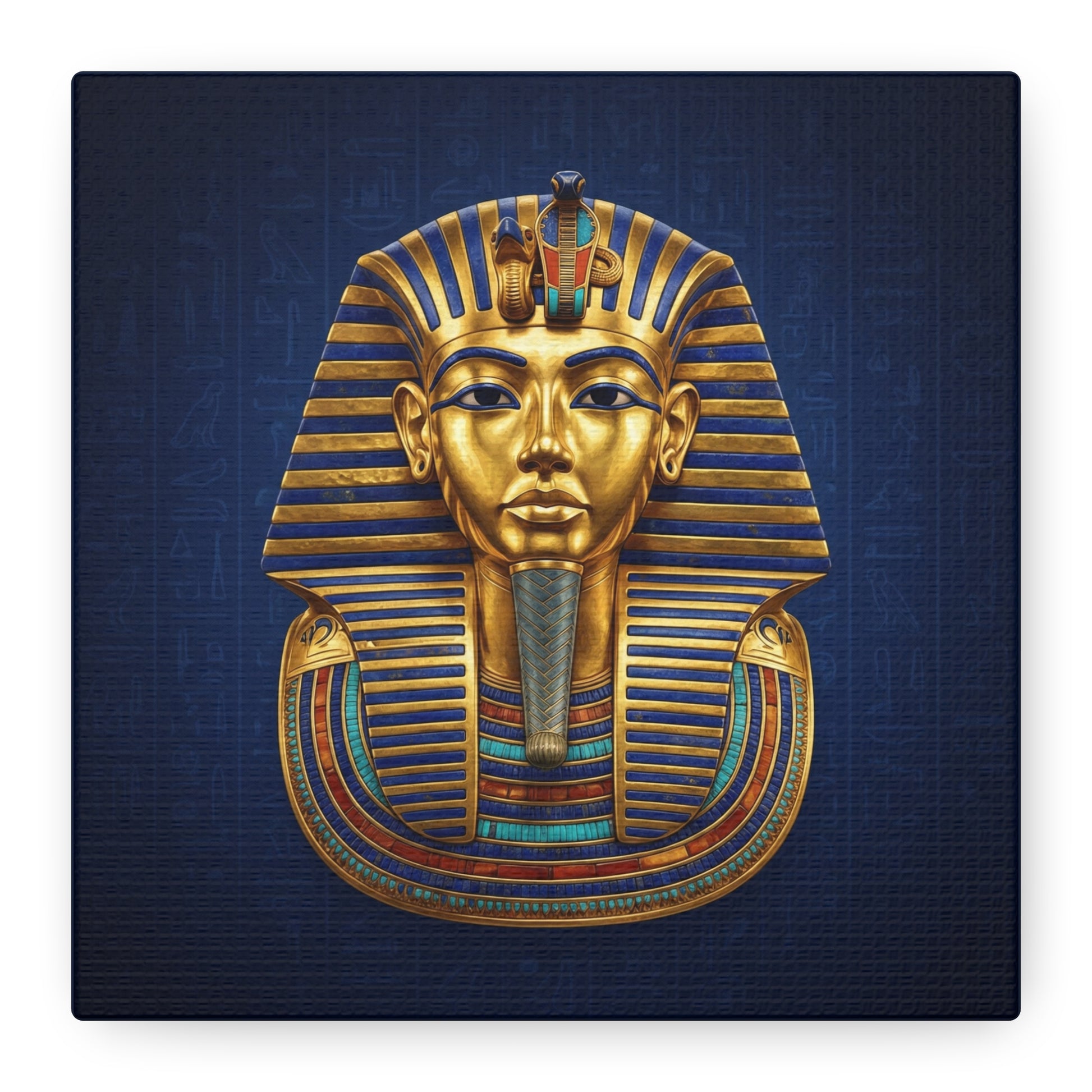 King Tut mask canvas styled above modern sofa as luxury Egyptian statement wall art