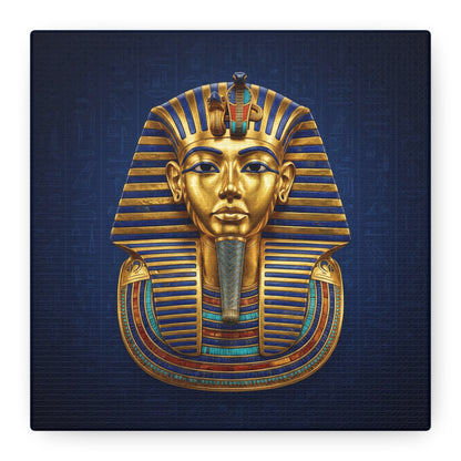 King Tut mask canvas styled above modern sofa as luxury Egyptian statement wall art