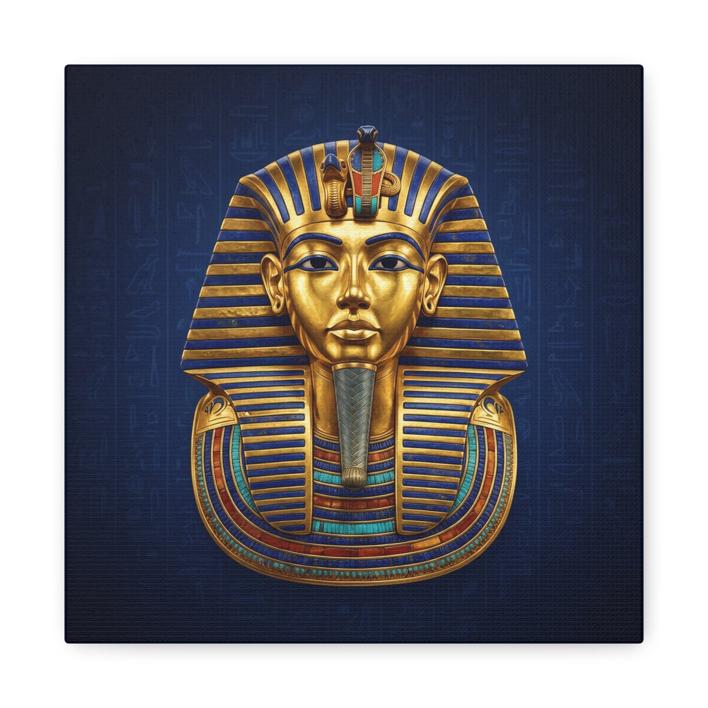 Tutankhamun gold death mask canvas in eclectic living room with maximalist Egyptian decor