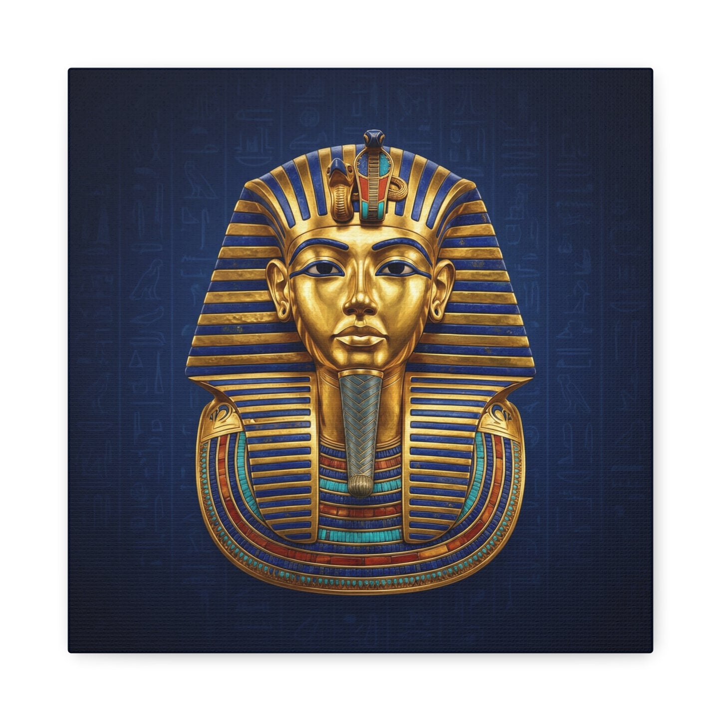 King Tutankhamun mask canvas above hallway console in luxury Egyptian inspired interior