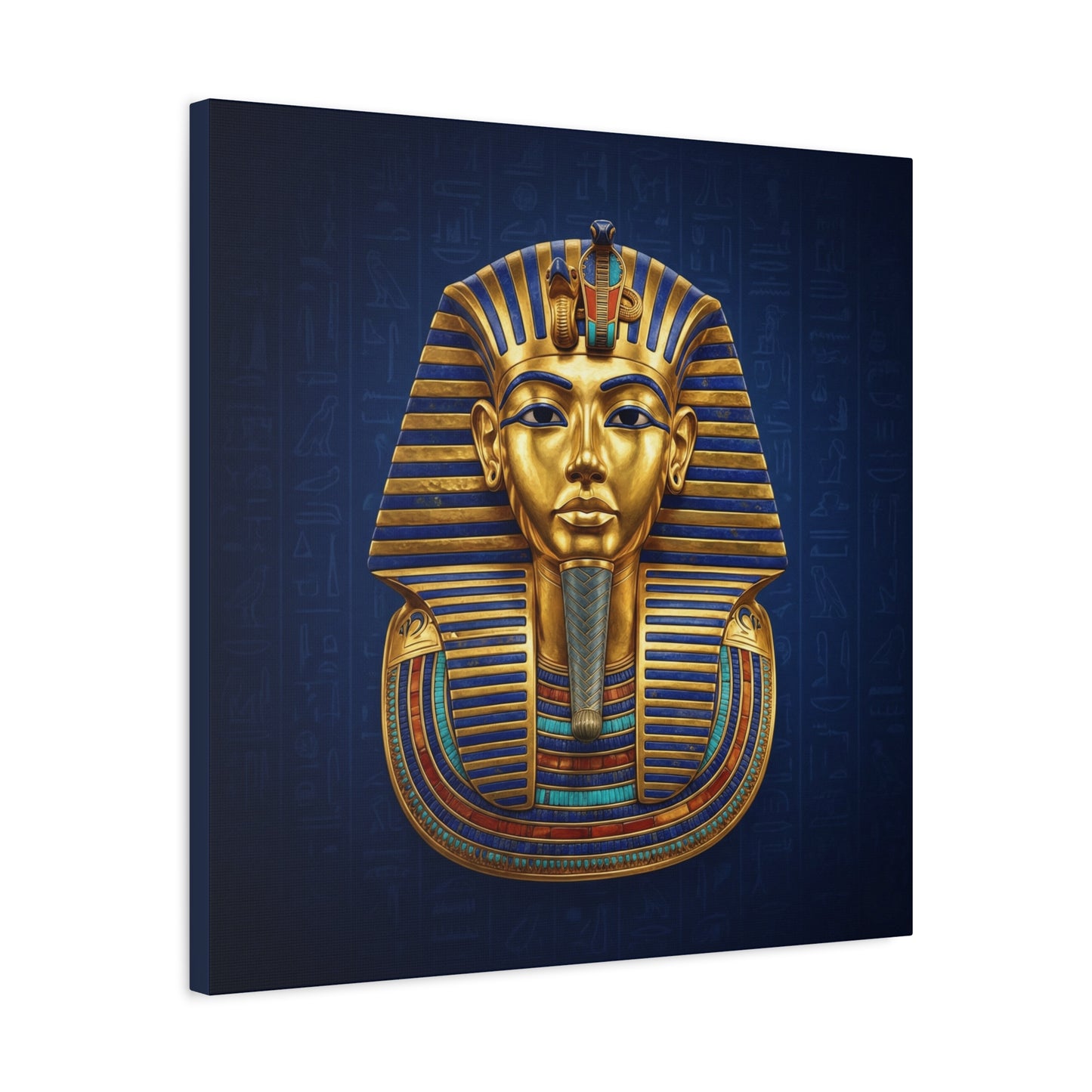 Tutankhamun Egyptian canvas in modern bedroom above mid century modern dresser — luxury wall art
