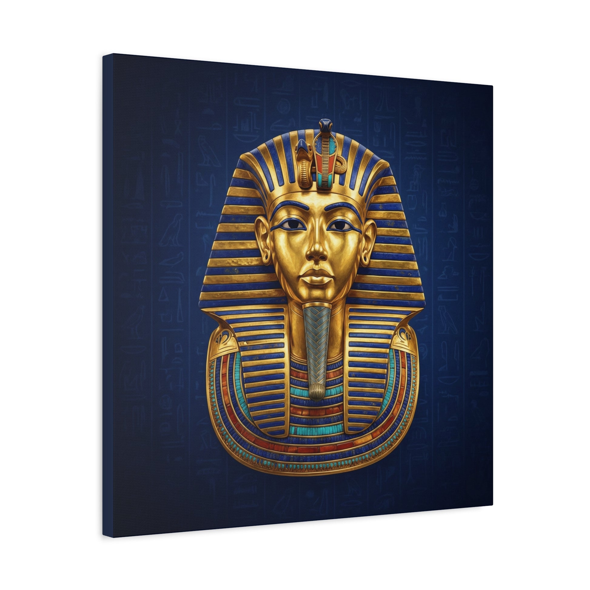 Tutankhamun Egyptian canvas in modern bedroom above mid century modern dresser — luxury wall art