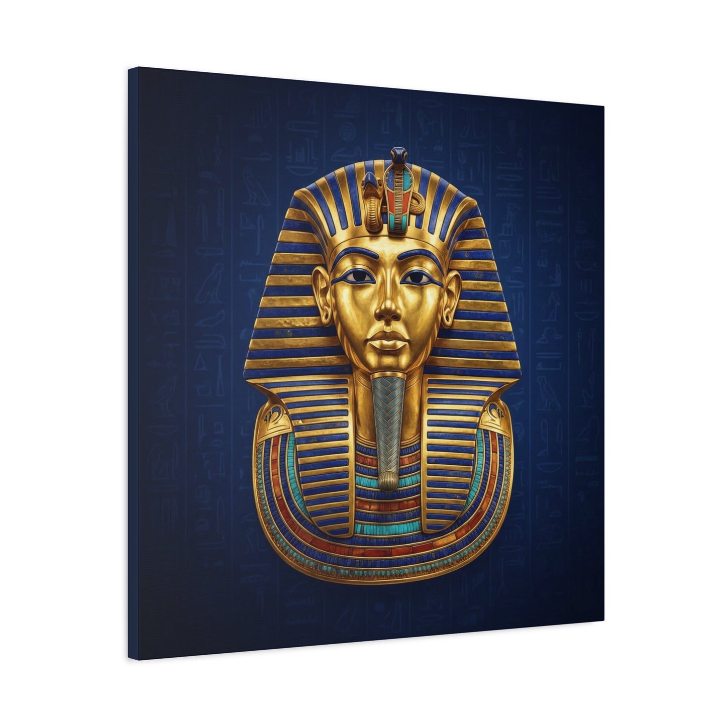 King Tut pharaoh mask canvas in dining room with brass pendant — luxury Egyptian decor